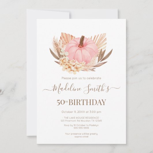 Invitation Invitación Boho Pink Pampas Grass Pumpkin Birthday (Devant)
