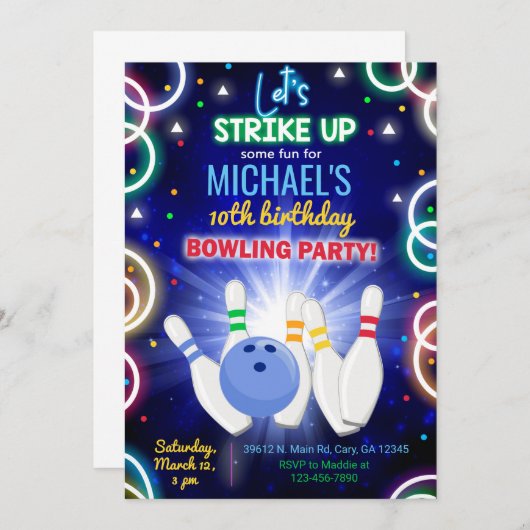 Invitation Invitación Bowling, strike up some fun, boy birthd (Devant / Derrière)
