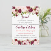 Invitation Invitación Burgundy and pink floral birthday invit (Debout devant)