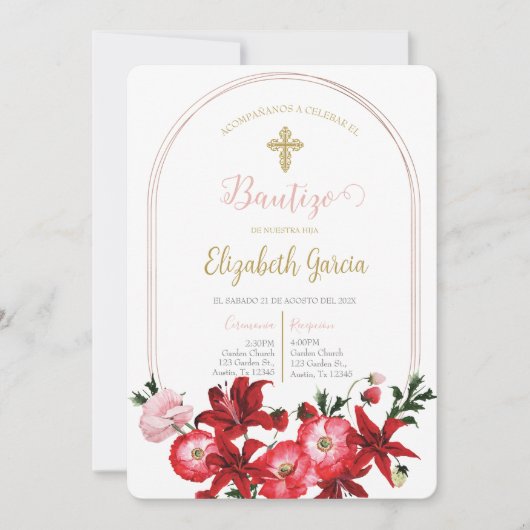 Invitation Invitación con flor roja para bautismo (Devant)