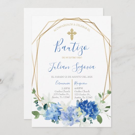 Invitation Invitación de bautismo floral azul en español (Devant / Derrière)