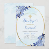 Invitation Invitación de bautismo floral azul en español (Devant / Derrière)