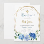 Invitation Invitación de bautismo floral azul en español invi (Devant / Derrière)
