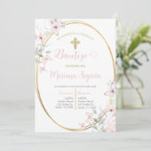 Invitation Invitación de bautismo floral rosa en español (Debout devant)