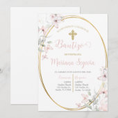 Invitation Invitación de bautismo floral rosa en español (Devant / Derrière)