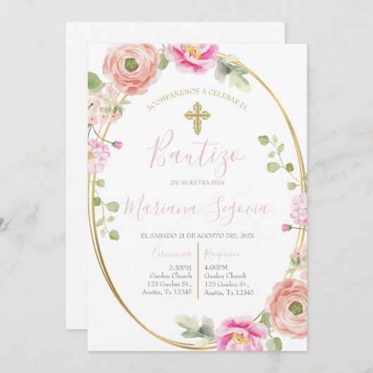 Invitation Invitación de bautismo floral rosa en español (Devant / Derrière)