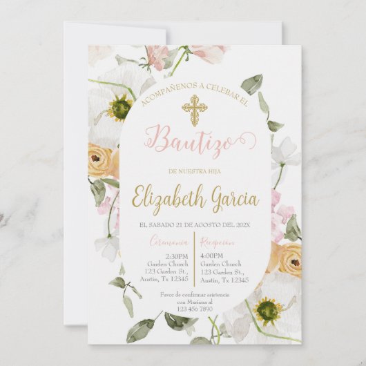 Invitation Invitación de bautismo floral rosa en español (Devant)