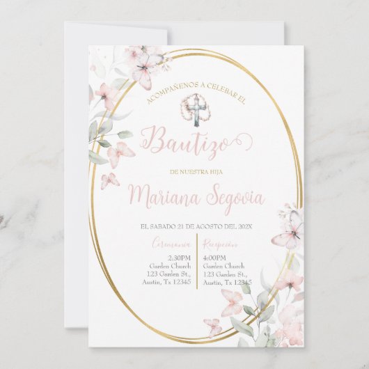 Invitation Invitación de bautismo floral rosa en español invi (Devant)