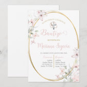 Invitation Invitación de bautismo floral rosa en español invi (Devant / Derrière)