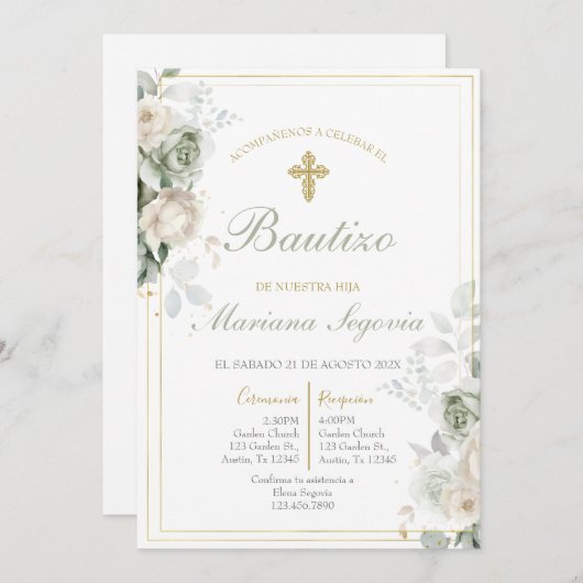 Invitation Invitación de bautismo sage en español (Devant / Derrière)