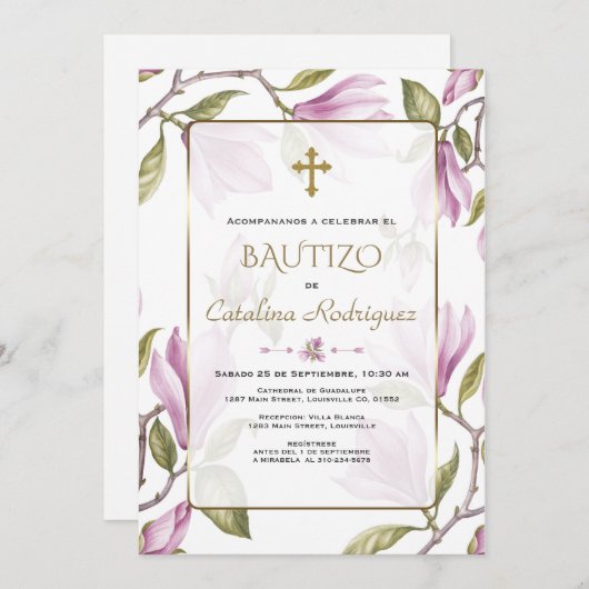 Invitation Invitacion De Bautizo Con Flores Baptême (Devant / Derrière)
