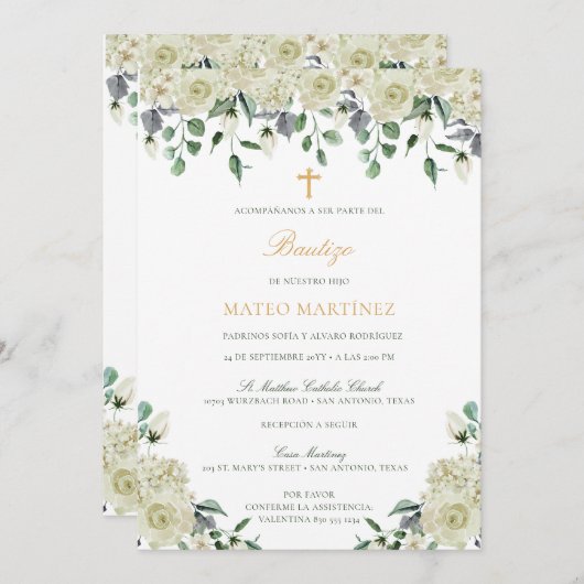 Invitation Invitación de Bautizo con Flores Baptism (Devant / Derrière)
