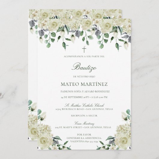 Invitation Invitación de Bautizo con Flores Baptism (Devant / Derrière)