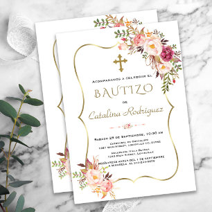 Invitation Invitacion De Bautizo Con Flores Gold Girl Baptême