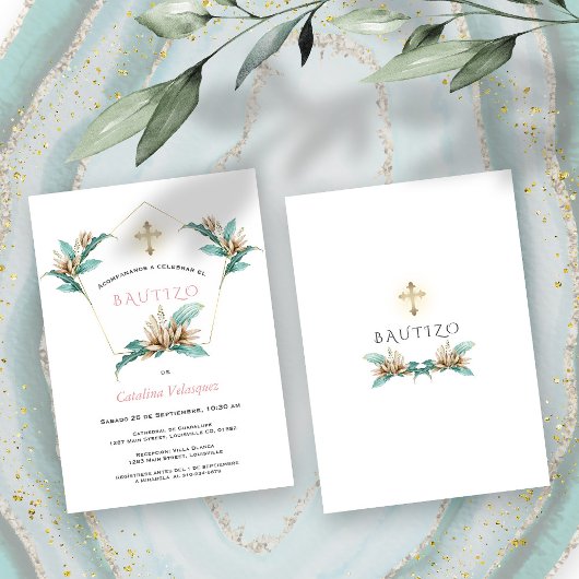 Invitation Invitacion De Bautizo Con Flores Gold Ivory Lily