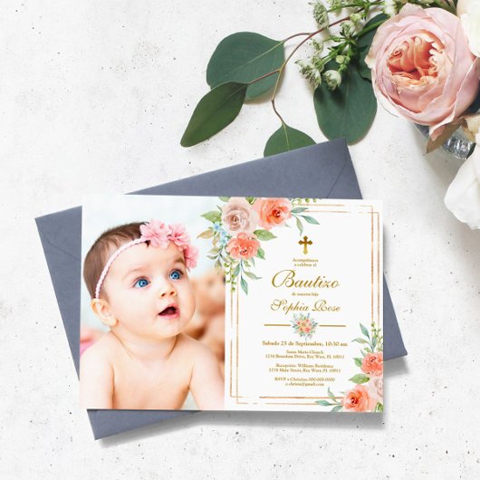 Invitation Invitación de Bautizo con Rosas de Jardín