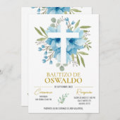 Invitation Invitación de bautizo flores azul y verde (Devant / Derrière)