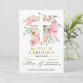 Invitation Invitación de bautizo flores rosas (Debout devant)