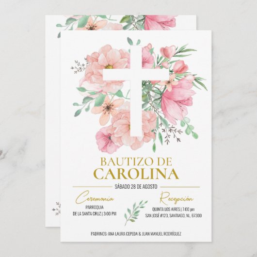 Invitation Invitación de bautizo flores rosas (Devant / Derrière)
