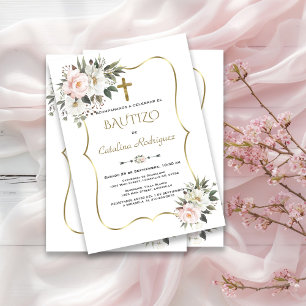 Invitation Invitacion De Bautizo White Flores Gold Baptism