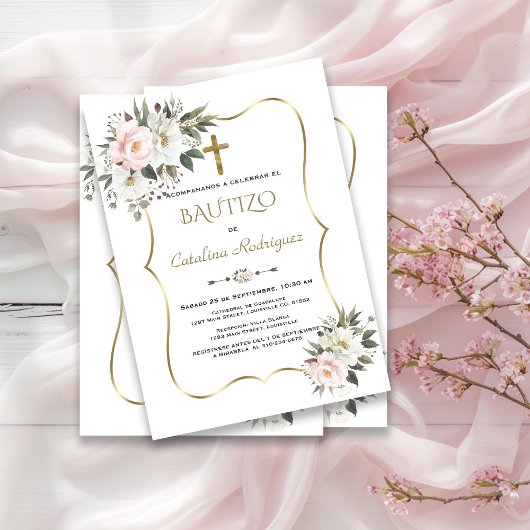Invitation Invitacion De Bautizo White Flores Gold Baptism