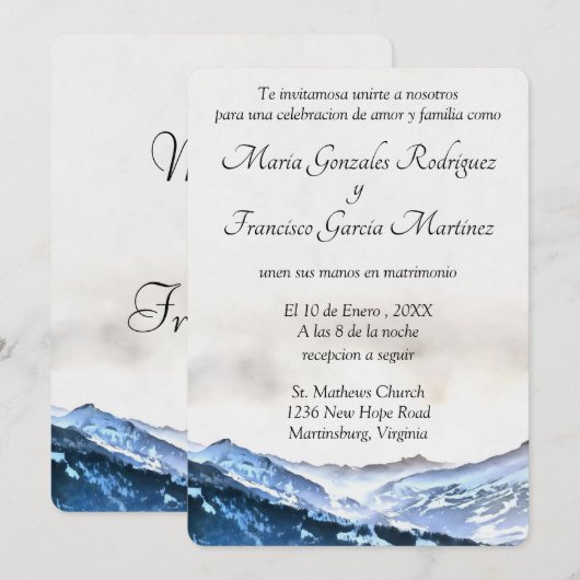 Invitation Invitacion de Boda Acuarela Montaña Brumosa Azul (Devant / Derrière)