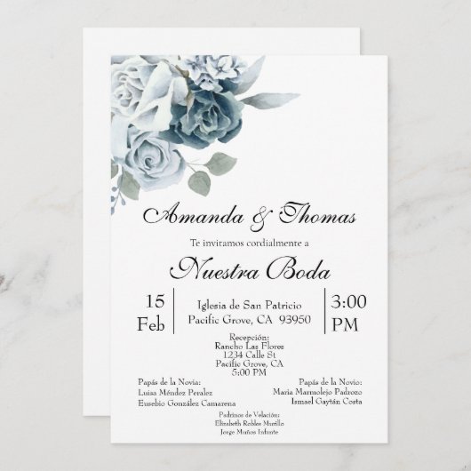 Invitation Invitación de boda con flor azul (Devant / Derrière)