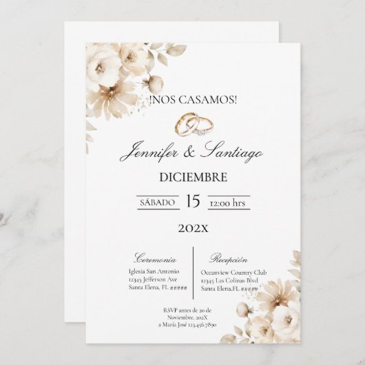 Invitation Invitación de boda con flor blanca (Devant / Derrière)