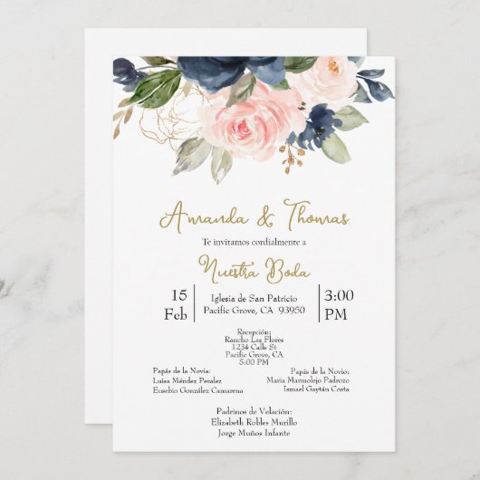 Invitation Invitación de boda con flores de primavera (Devant / Derrière)