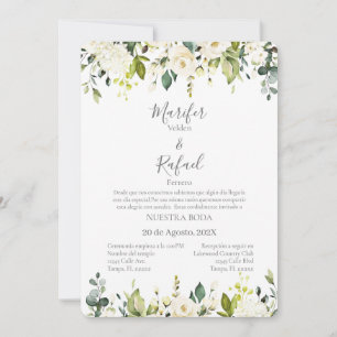 Invitation Invitación de boda con hojas verde y rosas blancas