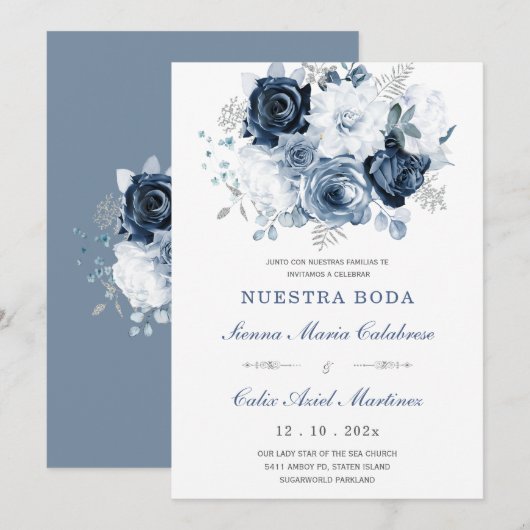 Invitation Invitación De Boda Elegante Con Rosas Azules (Devant / Derrière)