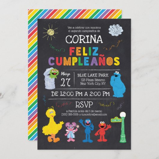 Invitation Invitación de Cumpleaños de Plaza Sésamo (Devant / Derrière)