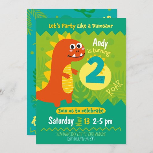 Invitation Invitación de cumpleaños dinosaurio (Devant / Derrière)