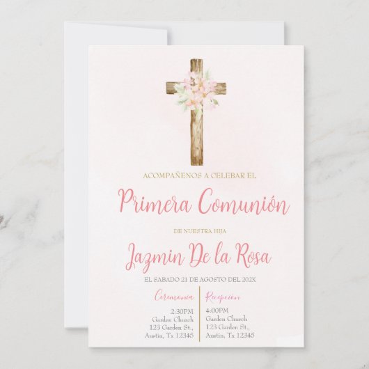 Invitation Invitación de primera comunión floral rosa (Devant)