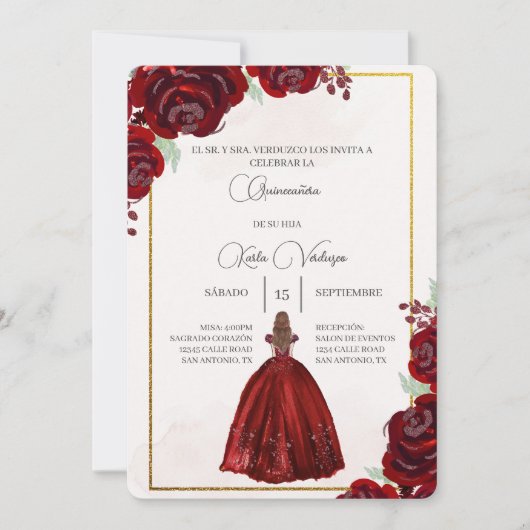 Invitation Invitación de quinceañera con vestido rojo (Devant)