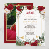 Invitation Invitación de Quinceañera en Español Flores Rojas (Devant / Derrière)