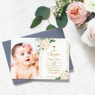 Invitation Invitación de Rosas Blancas para Bautizo