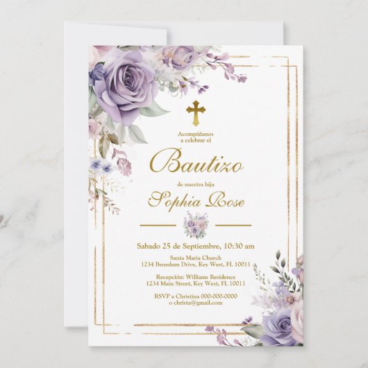 Invitation Invitación de Rosas Moradas para Bautizo (Devant)