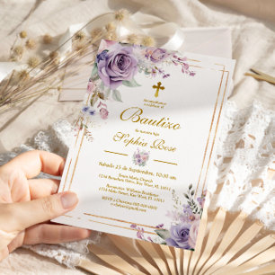 Invitation Invitación de Rosas Moradas para Bautizo