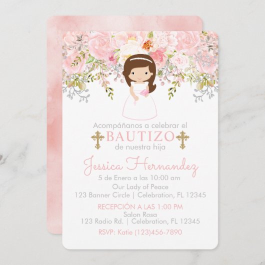 Invitation Invitación de Rosas para Bautizo de niña Invitatio (Devant / Derrière)