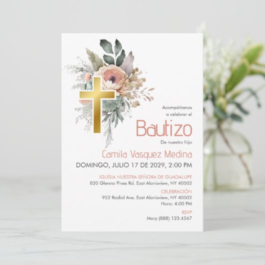 Invitation Invitacion Élégant Bautizo Cute Boho Cross Baptism (Debout devant)
