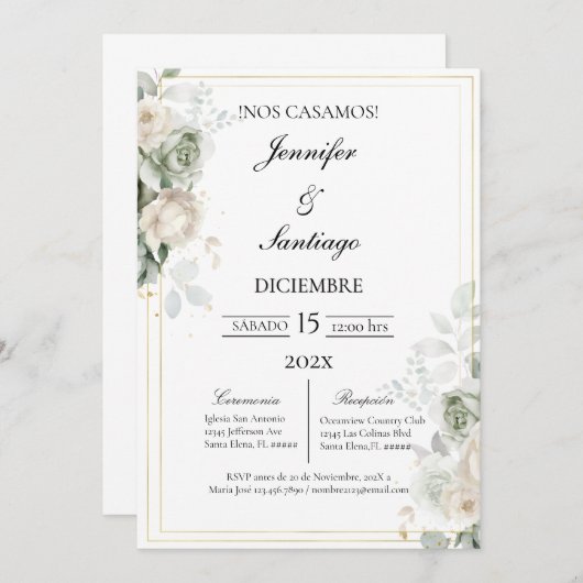 Invitation Invitación elegante con flor blanca para boda (Devant / Derrière)