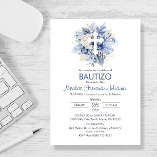 Invitation Invitacion espagnol Bautizo Blue Flowers Baptême