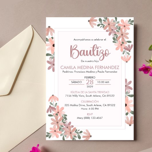 Invitation Invitacion espagnol Bautizo Boho Fleurs Baptême