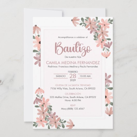 Invitation Invitacion espagnol Bautizo Boho Fleurs Baptême (Devant)