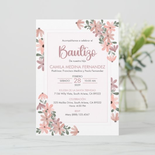 Invitation Invitacion espagnol Bautizo Boho Fleurs Baptême (Debout devant)