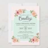 Invitation Invitacion espagnol Bautizo Fleurs roses Baptême (Devant)