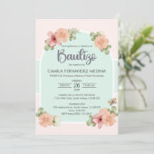 Invitation Invitacion espagnol Bautizo Fleurs roses Baptême (Debout devant)