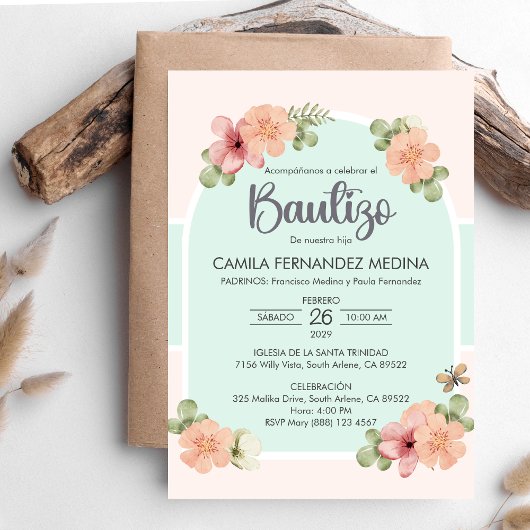 Invitation Invitacion espagnol Bautizo Fleurs roses Baptême