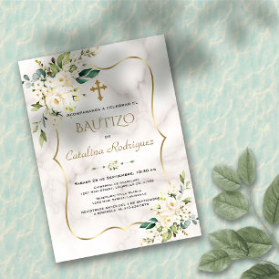 Invitation Invitacion Espagnol De Bautizo Marbre Floral Blanc